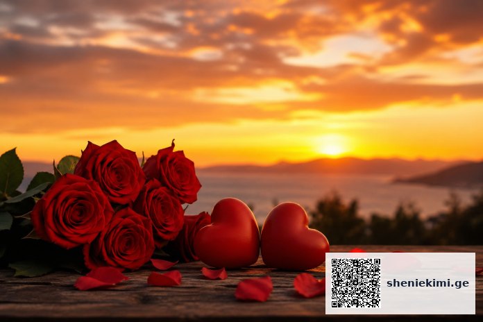 Romantic still life with red roses and two red heart shapes on a weathered wooden table at sunset by the sea.