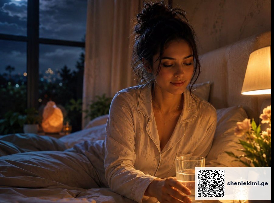 A woman in silk pajamas sits in bed at night, holding a glass of water by a warm bedside lamp.