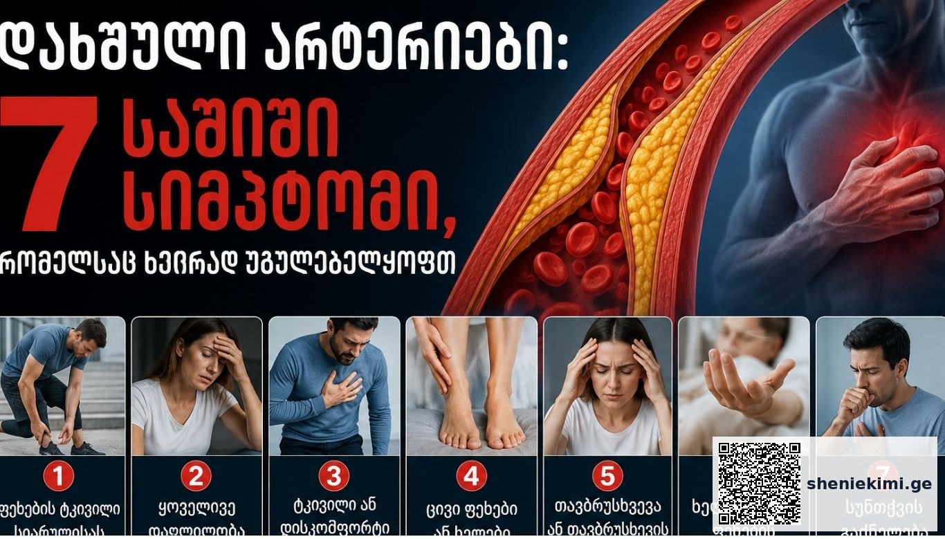 Georgian banner about 7 signs of heart disease; artery diagram with a man clutching his chest and seven symptom panels below.