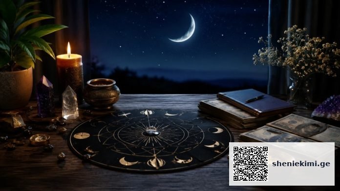 Tarot/astrology setup on a wooden table: moon phase wheel, candles, crystals, and stacks of money beside a night sky window.