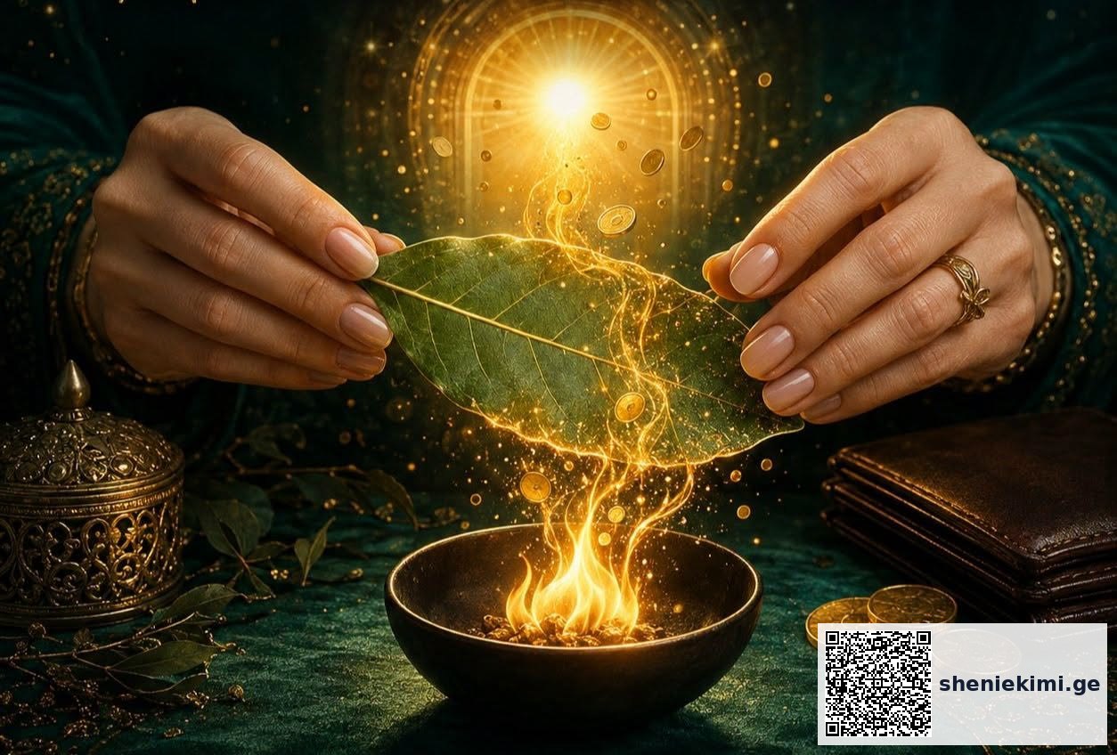 Hands hold a green leaf over a small fire, glowing golden energy spirals around it with coins and a wallet nearby for a mystical, wealth-related scene