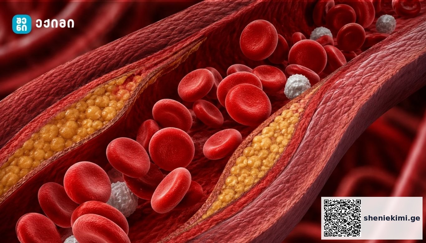 Cross-section of an artery with yellow fatty plaque and red blood cells, illustrating atherosclerosis in a blood vessel.