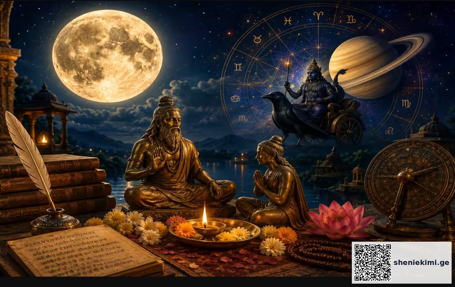 Hindu sage and young student in prayer by a lit lamp, with books, flowers, and an astrological wheel in a night scene.
