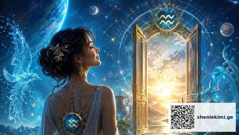 A woman with Aquarius jewelry gazes toward an glowing doorway opening to a sunlit landscape in a magical night sky.