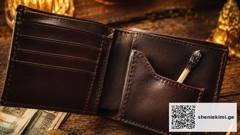 Open brown leather wallet on a wooden surface with cash visible and a burnt match tucked into the inner pocket; warm lighting.