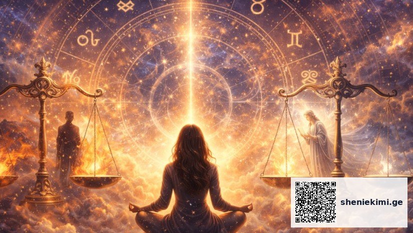 Person meditating in the clouds with a bright beam of light and paired scales, surrounded by astrological symbols in a starry sky.