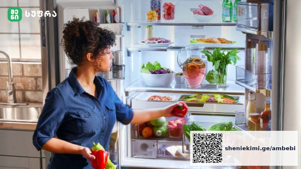 Woman in a blue shirt stands by an open refrigerator, reaching for a red pepper among fresh vegetables and drinks inside the fridge.