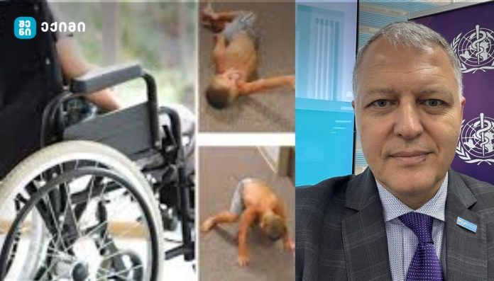 Collage showing a wheelchair on the left, two inset images of a person on the floor in the center, and a man in a suit in front of a WHO backdrop on the right.