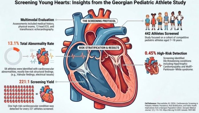 Infographic showing the pediatric heart screening protocol with a stylized heart and statistics on abnormality rate, high-risk detection, and screened athletes.