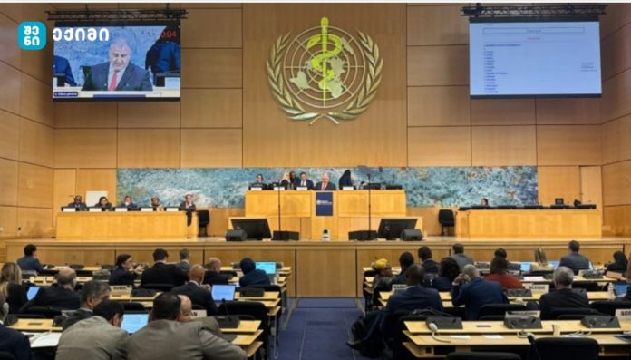International conference room with a panel at a central desk on a wood-paneled stage, UN emblem on the wall behind, and an audience using laptops and taking notes
