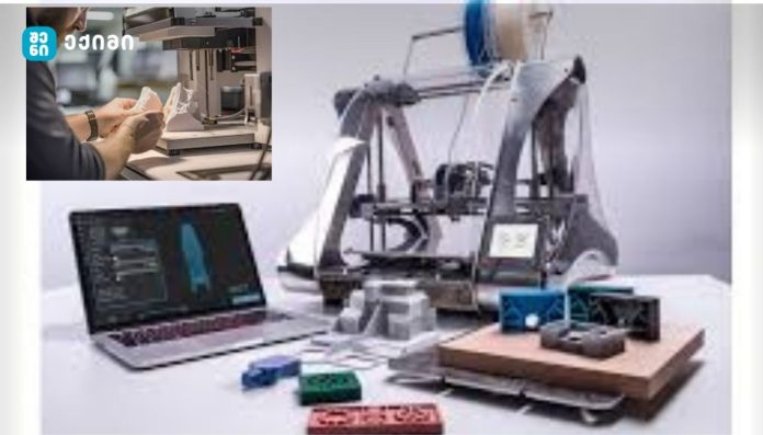 3D printing workspace with a laptop displaying a design, a large 3D printer, and assorted parts on the table; inset shows hands inspecting a printed piece