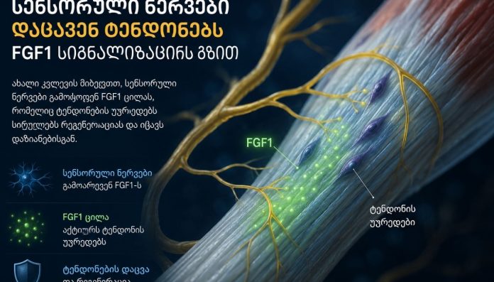 sensonuri nervebi Infographic about fibroblast growth factor 1 (FGF1) and its role in nerve fiber growth, with labeled neural structures and cells on a blue background.