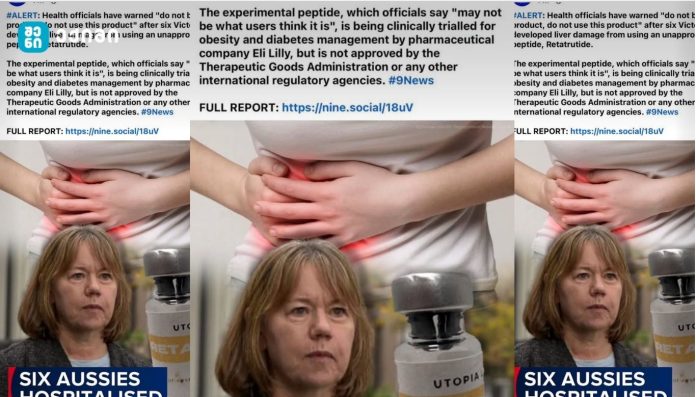 News collage about abdominal pain: a woman clutching her stomach with a red area, overlaid by text warning about an experimental peptide and a bold 'Six Aussies Hospitalised' banner.
