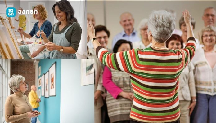 Older adults painting in a studio, smiling as they work on canvases and participate in a class. ( collage of senior art activities )