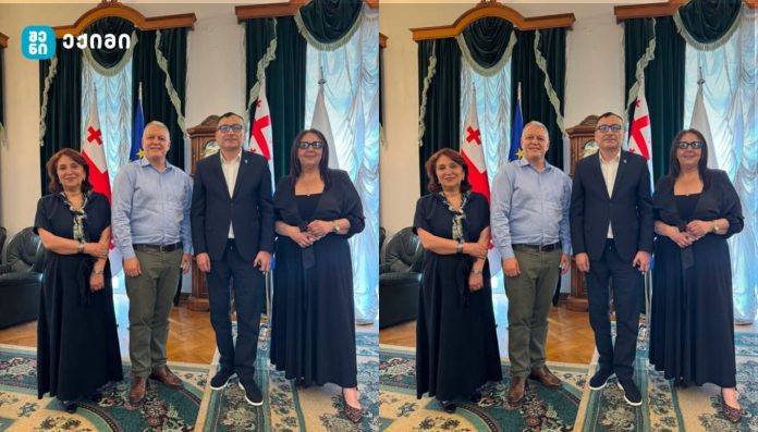 Four adults posing for a formal group photo in a room with draped curtains and flags behind them (Georgia and EU flags); two women in dark dresses and two men in smart attire stand side by side.