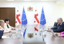 საუბარი შეეხო ჯანდაცვის სფეროში მიმდინარე და სამომავლო თანამშრომლობის მიმართულებებს. ყურადღება დაეთმო ონკოლოგიური დაავადებების სამკურნალო მედიკამენტების მიმართულებით თანამშრომლობის შესაძლებლობებს Diplomatic meeting between Georgia and EU representatives at a conference table with flags in the background