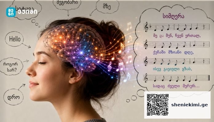 sitkvebis da an frazebis simgerastan dakavshireba-kvleva Profile of a woman with a glowing neural network in her head and musical notes in a large thought bubble; smaller speech bubbles on the left say 'Hello'.